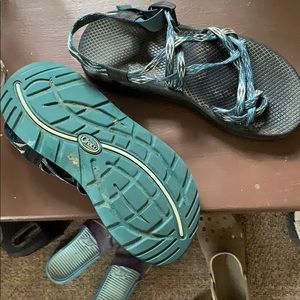 Green and white womens chaco sandals